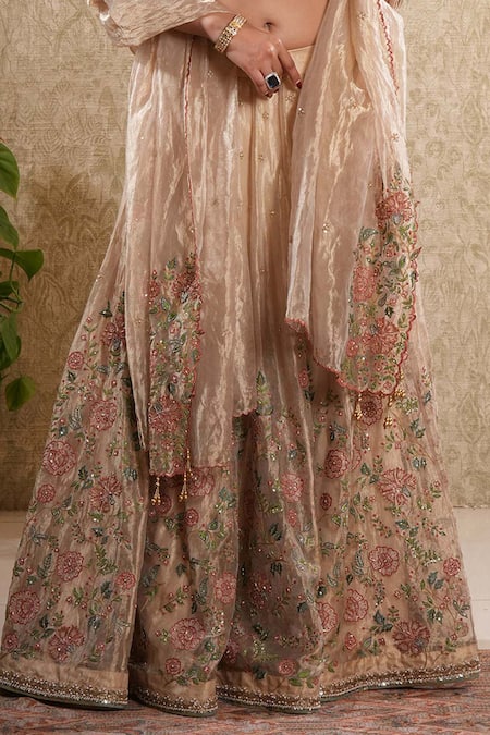 Sonali Methi_Gold Tissue Embroidery V-neck Lehenga Set _Online_at_Aza_Fashions