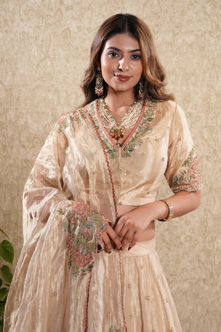 Buy_Sonali Methi_Gold Tissue Embroidery V-neck Lehenga Set _Online_at_Aza_Fashions