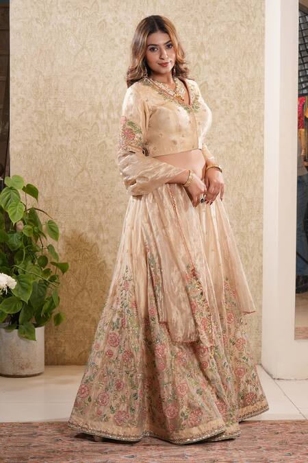 Shop_Sonali Methi_Gold Tissue Embroidery V-neck Lehenga Set _Online_at_Aza_Fashions