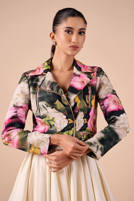 Shriya Som Multi Color Canvas Collared Floral Biker Jacket