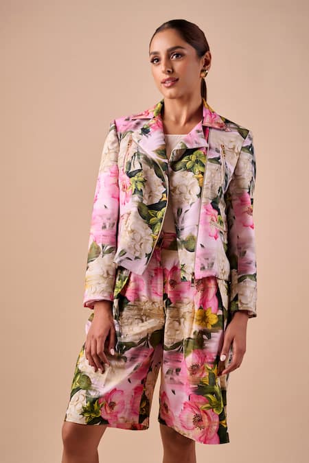 Shriya Som Multi Color Canvas Collared Floral Smudge Biker Jacket