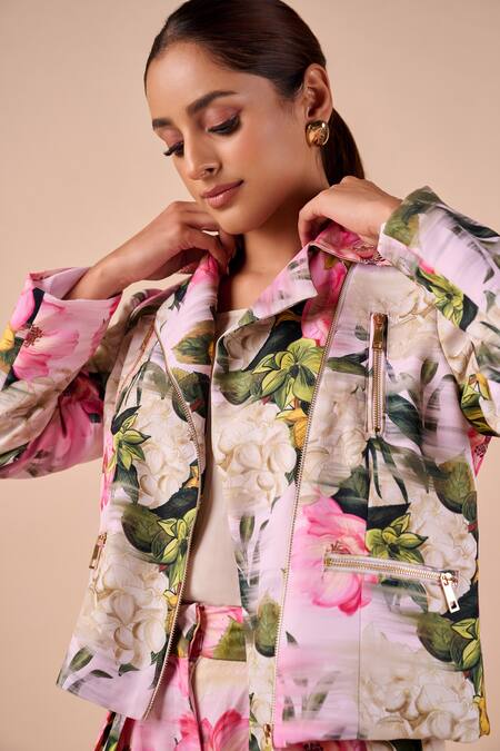 Shriya Som Multi Color Canvas Collared Floral Smudge Biker Jacket Online at Aza Fashions Shriya Som_Multi Color Canvas Collared Floral Smudge Biker Jacket _Online_at_Aza_Fashions