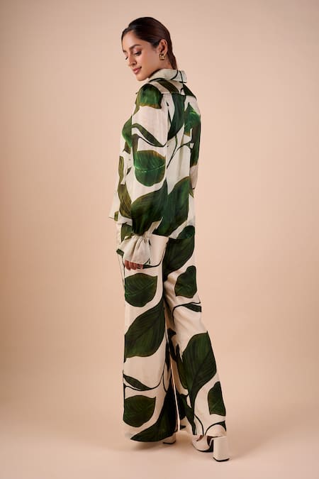 Shop Shriya Som Green Silk Leaf Print Flared Pant Set at Aza Fashions Shop_Shriya Som_Green Silk Leaf Print Flared Pant Set _at_Aza_Fashions