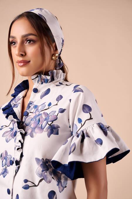 Buy Shriya Som Blue Organza Collared Orchid Print Ruffle Shirt Online at Aza Fashions Buy_Shriya Som_Blue Organza Collared Orchid Print Ruffle Shirt _Online_at_Aza_Fashions