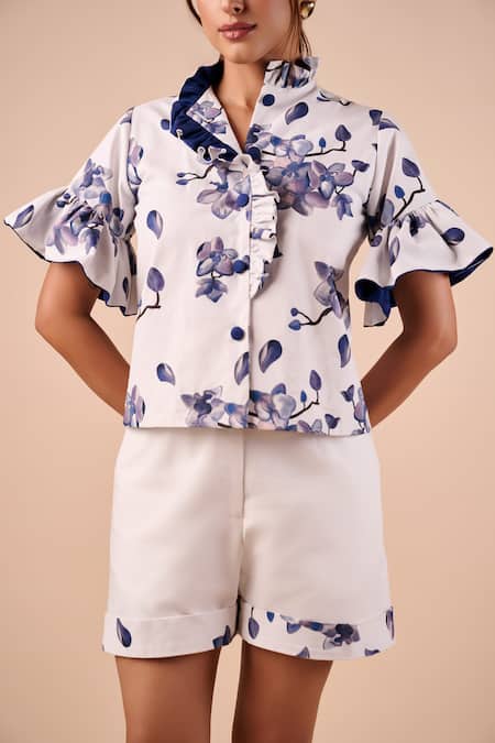 Shriya Som_White Organza Orchid Print Designer Shorts _Online_at_Aza_Fashions