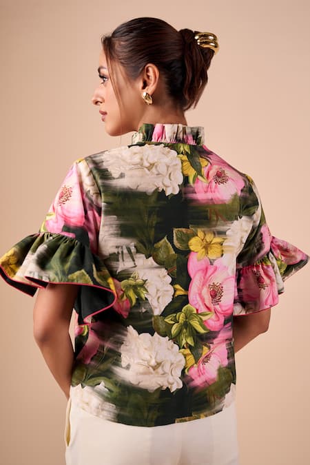 Shriya Som Multi Floral Smudge Ruffle Shirt 