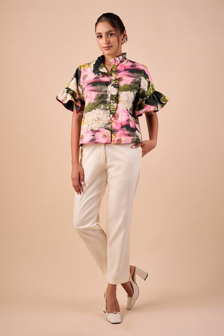 Shriya Som_Multi Color Cotton Mandarin Collar Floral Smudge Ruffle Shirt _Online_at_Aza_Fashions