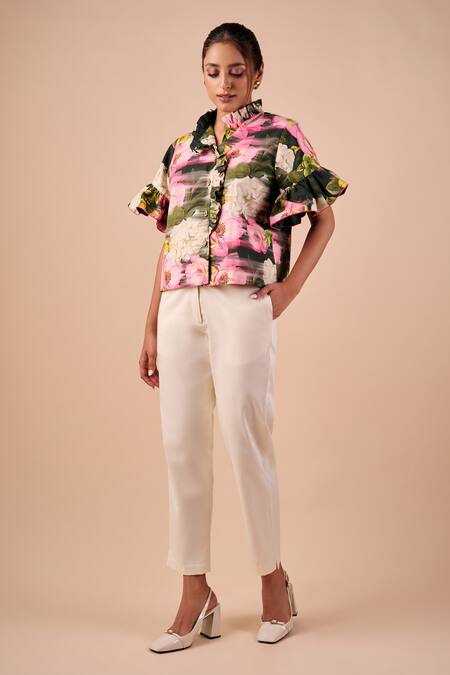Buy_Shriya Som_Multi Color Cotton Mandarin Collar Floral Smudge Ruffle Shirt _Online_at_Aza_Fashions