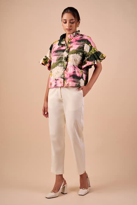 Shriya Som White Cotton Floral Print Straight Pant
