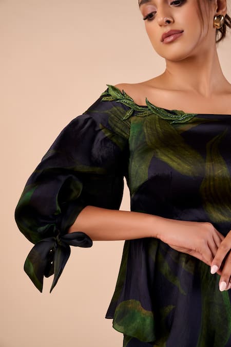 Shop Shriya Som Blue Organza Off-shoulder Leaf Print Off Top Online at Aza Fashions Shop_Shriya Som_Blue Organza Off-shoulder Leaf Print Off Top _Online_at_Aza_Fashions