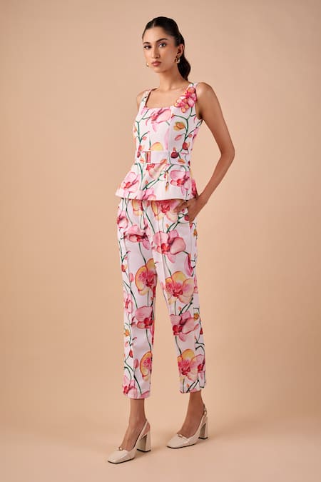 Shriya Som Pink Canvas Fabric Flowers Square Neck Orchid Print Top With Belt Online at Aza Fashions Shriya Som_Pink Canvas Fabric Flowers Square Neck Orchid Print Top With Belt _Online_at_Aza_Fashions