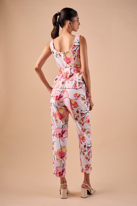 Shop Shriya Som Pink Canvas Fabric Flowers Square Neck Orchid Print Top With Belt at Aza Fashions Shop_Shriya Som_Pink Canvas Fabric Flowers Square Neck Orchid Print Top With Belt _at_Aza_Fashions