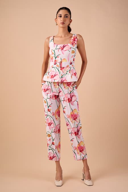 Shriya Som Pink Canvas Fabric Flowers Square Neck Orchid Print Top With Belt