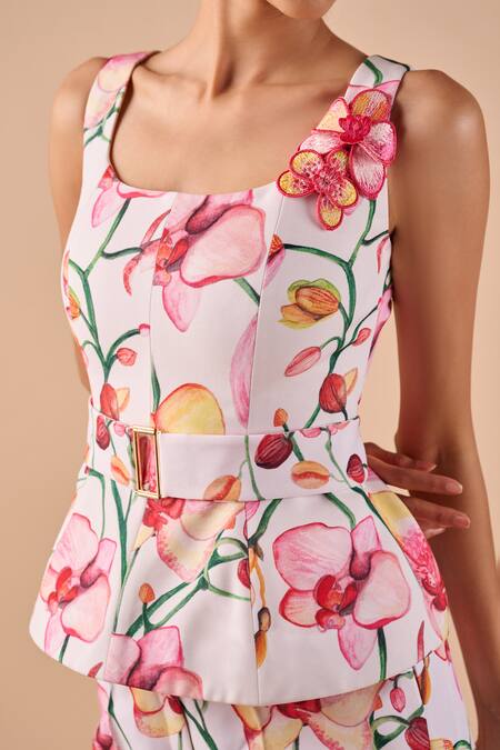 Buy_Shriya Som_Pink Canvas Orchid Print Pant _Online_at_Aza_Fashions