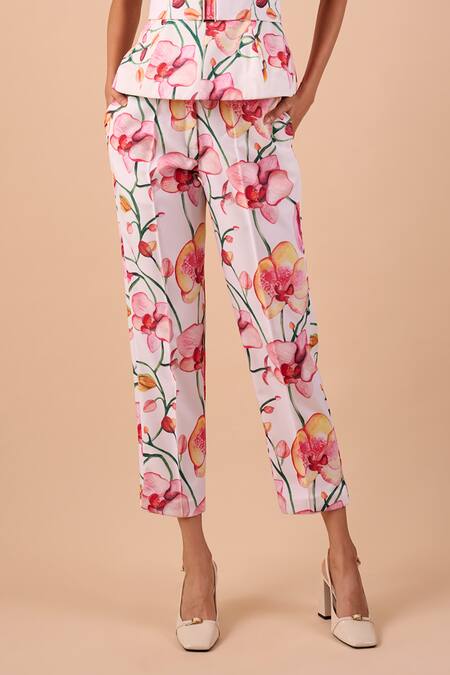 Shop_Shriya Som_Pink Canvas Orchid Print Pant _Online_at_Aza_Fashions