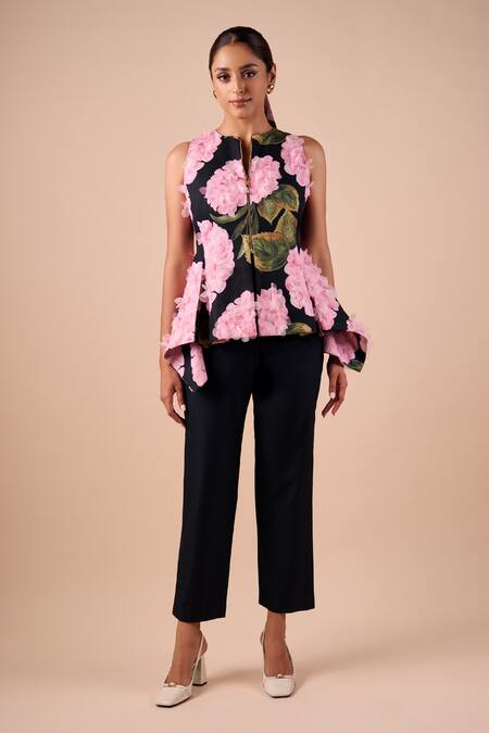 Shriya Som Blue Canvas Fabric Flowers Round Neck Hydrangea Peplum Top Online at Aza Fashions Shriya Som_Blue Canvas Fabric Flowers Round Neck Hydrangea Peplum Top _Online_at_Aza_Fashions