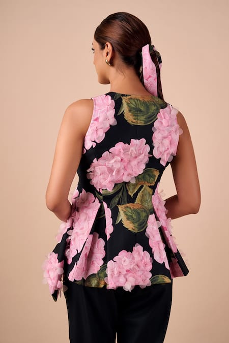 Shop Shriya Som Blue Canvas Fabric Flowers Round Neck Hydrangea Peplum Top at Aza Fashions Shop_Shriya Som_Blue Canvas Fabric Flowers Round Neck Hydrangea Peplum Top _at_Aza_Fashions