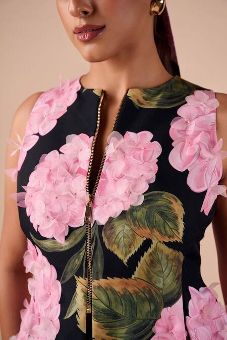 Buy Shriya Som Blue Canvas Fabric Flowers Round Neck Hydrangea Peplum Top Online at Aza Fashions Buy_Shriya Som_Blue Canvas Fabric Flowers Round Neck Hydrangea Peplum Top _Online_at_Aza_Fashions