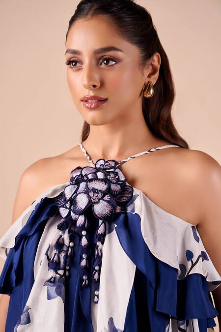 Shriya Som_Blue Silk Halter Neck Orchid Printed Ruffle Dress _Online_at_Aza_Fashions