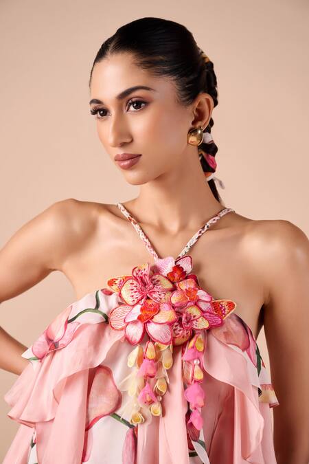 Buy_Shriya Som_Pink Silk Fabric Flowers Halter Neck Orchid Print Ruffle Dress _Online_at_Aza_Fashions