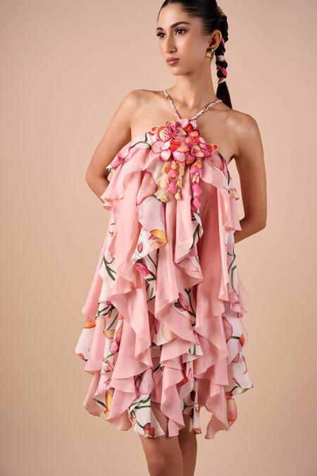 Shop_Shriya Som_Pink Silk Fabric Flowers Halter Neck Orchid Print Ruffle Dress _Online_at_Aza_Fashions