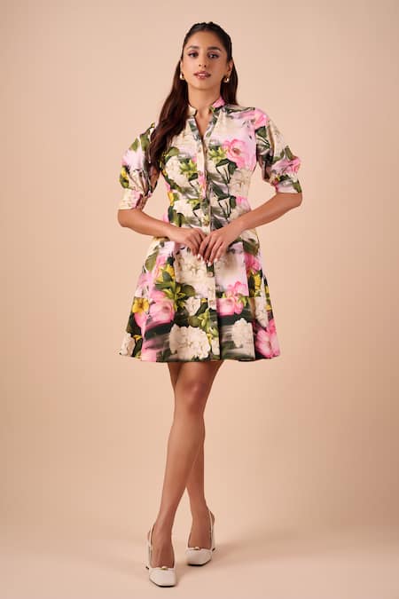 Shriya Som Multi Color Cotton Collared Floral Smudge Mini Shirt Dress