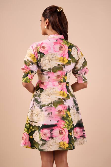 Buy_Shriya Som_Multi Color Cotton Collared Floral Smudge Mini Shirt Dress _Online_at_Aza_Fashions