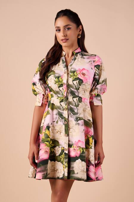 Shop_Shriya Som_Multi Color Cotton Collared Floral Smudge Mini Shirt Dress _Online_at_Aza_Fashions