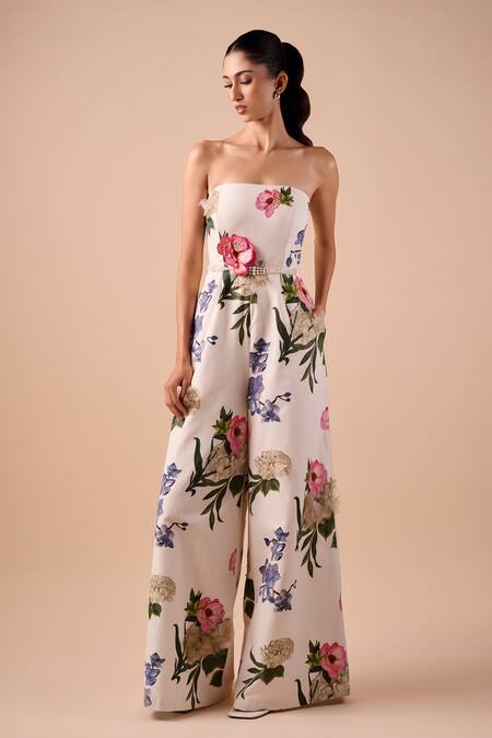 Shriya Som_Multi Color Cotton Embroidery, Pearls Bandeau Neck Floral Strapless Jumpsuit _Online_at_Aza_Fashions