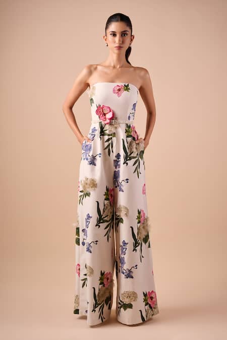Shriya Som Multi Color Cotton Embroidery, Pearls Bandeau Neck Floral Strapless Jumpsuit 