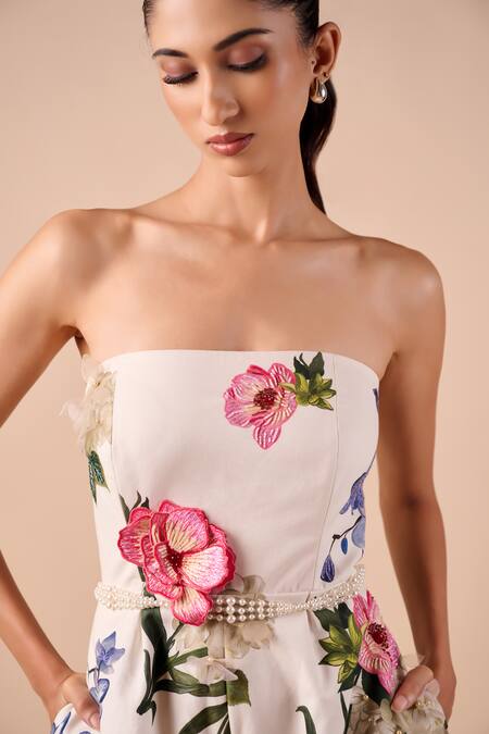 Buy_Shriya Som_Multi Color Cotton Embroidery, Pearls Bandeau Neck Floral Strapless Jumpsuit _Online_at_Aza_Fashions