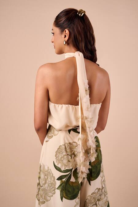 Buy_Shriya Som_Multi Color Crepe Beads Halter Neck Hydrangea Print Jumpsuit _Online_at_Aza_Fashions