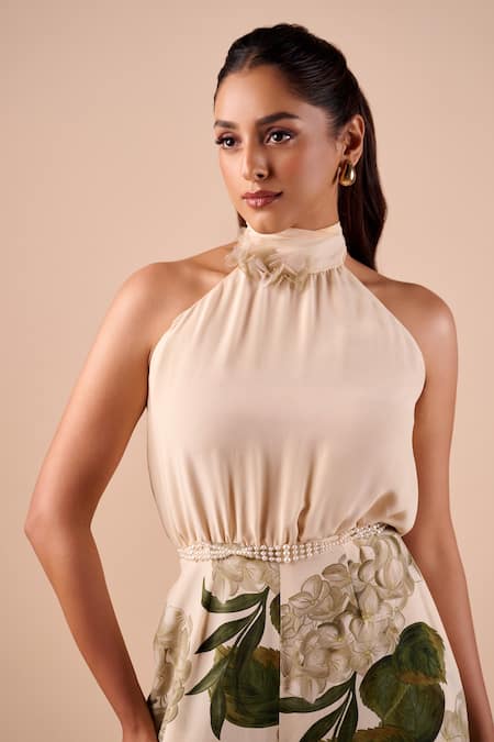 Shop_Shriya Som_Multi Color Crepe Beads Halter Neck Hydrangea Print Jumpsuit _Online_at_Aza_Fashions