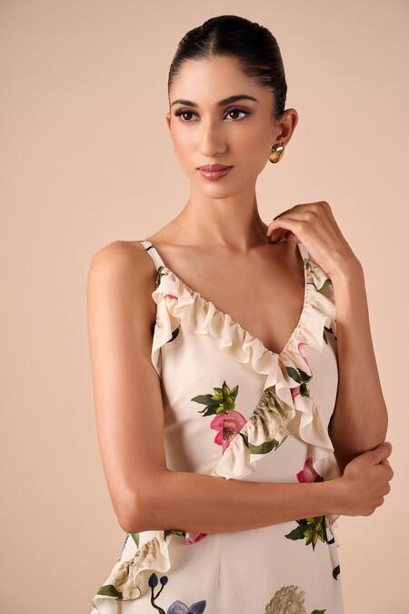Shriya Som Multi Color Crepe V-neck Floral Ruffle Slip Dress Online at Aza Fashions Shriya Som_Multi Color Crepe V-neck Floral Ruffle Slip Dress _Online_at_Aza_Fashions