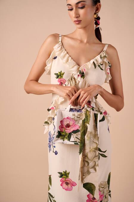 Buy Shriya Som Multi Color Crepe V-neck Floral Ruffle Slip Dress Online at Aza Fashions Buy_Shriya Som_Multi Color Crepe V-neck Floral Ruffle Slip Dress _Online_at_Aza_Fashions