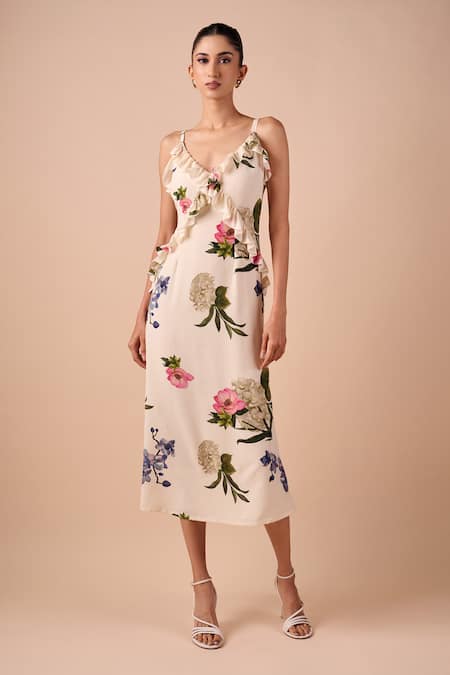 Shop Shriya Som Multi Color Crepe V-neck Floral Ruffle Slip Dress Online at Aza Fashions Shop_Shriya Som_Multi Color Crepe V-neck Floral Ruffle Slip Dress _Online_at_Aza_Fashions