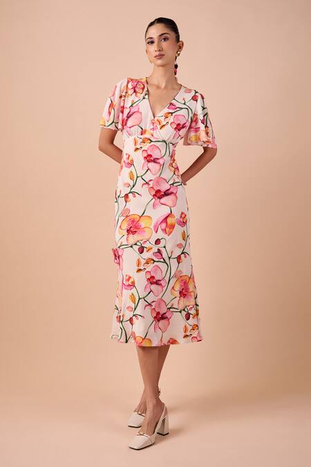 Shriya Som Pink Crepe V-neck Orchid Print Dress Online at Aza Fashions Shriya Som_Pink Crepe V-neck Orchid Print Dress _Online_at_Aza_Fashions