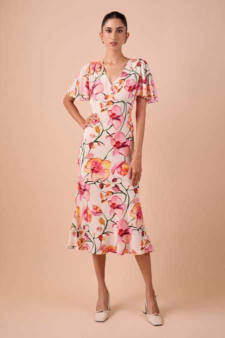 Shriya Som Pink Crepe V-neck Orchid Print Dress 