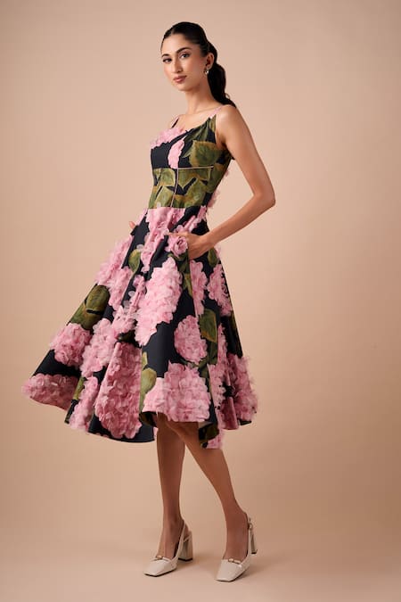 Shriya Som Blue Cotton Fabric Flowers Square Neck Hydrangea Print Midi Dress 