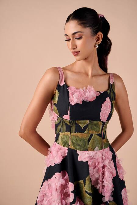 Buy_Shriya Som_Blue Cotton Fabric Flowers Square Neck Hydrangea Print Midi Dress _Online_at_Aza_Fashions