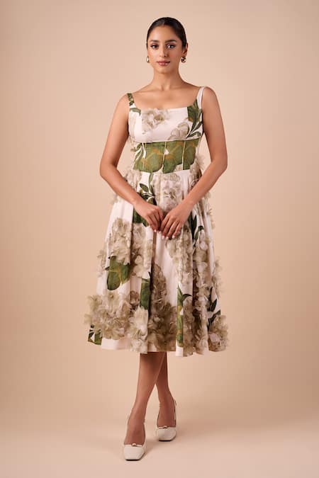 Shriya Som Multi Color Cotton Fabric Flowers Square Neck Hydrangea Midi Dress