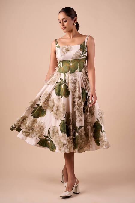 Shriya Som_Multi Color Cotton Fabric Flowers Square Neck Hydrangea Midi Dress _Online_at_Aza_Fashions