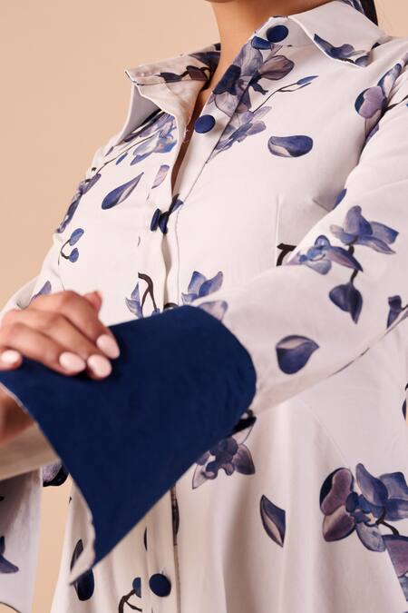 Shriya Som Blue Cotton Collared Orchid Print Shirt Dress Online at Aza Fashions Shriya Som_Blue Cotton Collared Orchid Print Shirt Dress _Online_at_Aza_Fashions