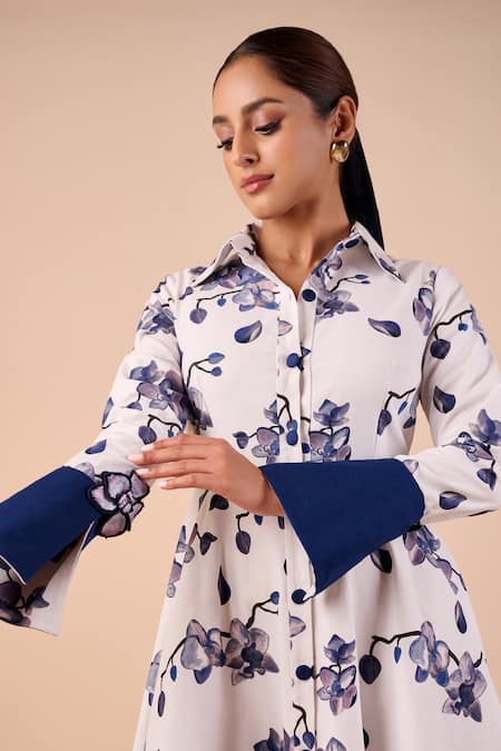 Buy Shriya Som Blue Cotton Collared Orchid Print Shirt Dress Online at Aza Fashions Buy_Shriya Som_Blue Cotton Collared Orchid Print Shirt Dress _Online_at_Aza_Fashions
