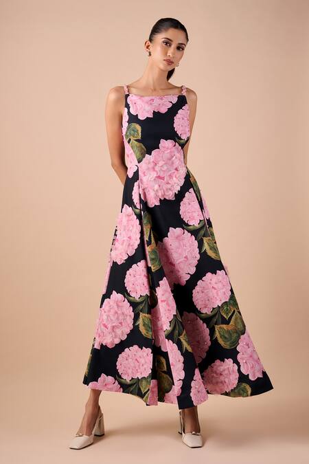 Buy_Shriya Som_Blue Canvas Square Neck Hydrangea Print Dress _Online_at_Aza_Fashions