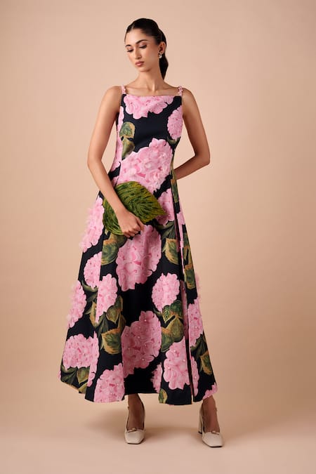 Shriya Som Blue Canvas Square Neck Hydrangea Print Dress