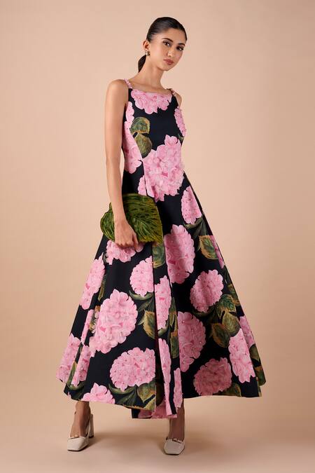 Shop_Shriya Som_Blue Canvas Square Neck Hydrangea Print Dress _Online_at_Aza_Fashions