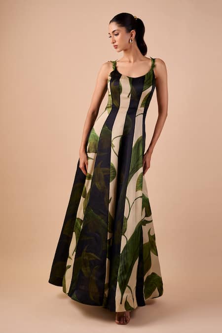 Buy_Shriya Som_Multi Color Organza Round Neck Leaf Print Dress _Online_at_Aza_Fashions