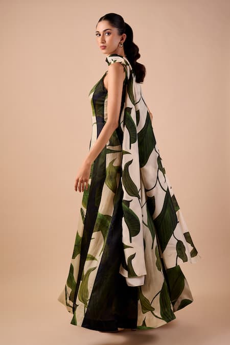 Shop_Shriya Som_Multi Color Organza Round Neck Leaf Print Dress _Online_at_Aza_Fashions