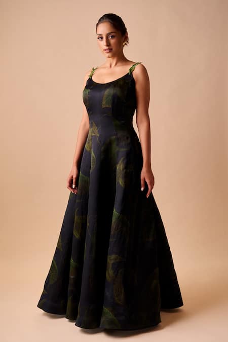 Shriya Som Blue Organza Round Neck Leaf Print Dress 